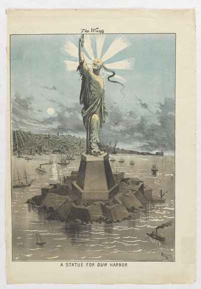 A Chinese man stands on a pedestal surrounded by a harbor as a cartoon imitation of the Statue of Liberty. His clothes are tattered, his hair is in a long, thin tail, his eyes squint. The words "diseases," "filth," "immorality," and "ruin to white labor" float around his head.

This man is the center of an iconic image from 1881 called "A Statue for Our Harbor," made by the cartoonist George Frederick Keller. The image reflects the widespread anti-Chinese and anti-immigrant sentiment of the time, and was used to drum up support for the passage of the Chinese Exclusion Act, which turns 135 on Saturday. The law limited Chinese immigration and barred them from becoming naturalized U.S. citizens.