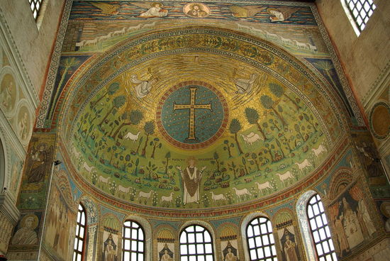 The 6th century Byzantine mosaic in the apse of the basilica of Sant'Apollinare in Classe (Ravenna, Italy)