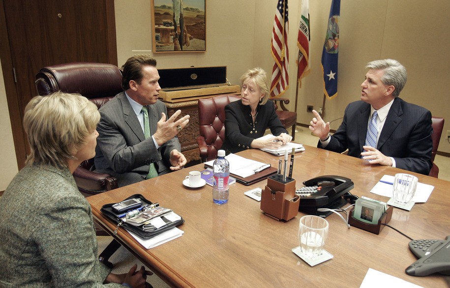 Gov. Arnold Schwarzenegger, second from left, and Assembly Minority Leader Kevin McCarthy, R-Bakersfield, right, discuss the new legislative session during a meeting held at the Capitol in Sacramento, Calif., Wednesday, Jan. 11, 2006. Schwarzenegger, along with his chief of staff Susan Kennedy, second from left, met with Republican leadership including Assemblywoman Sharon Runner, R-Lancaster, left, to talk  about the Governor's just released state budget and other issues.(AP Photo/Rich Pedroncelli)