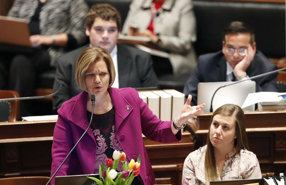 Sen. Liz Mathis, D-Cedar Rapids, speaks during debate in the Iowa Senate at the Statehouse, Tuesday, Feb. 14, 2017, in Des Moines, Iowa. (AP Photo/Charlie Neibergall)