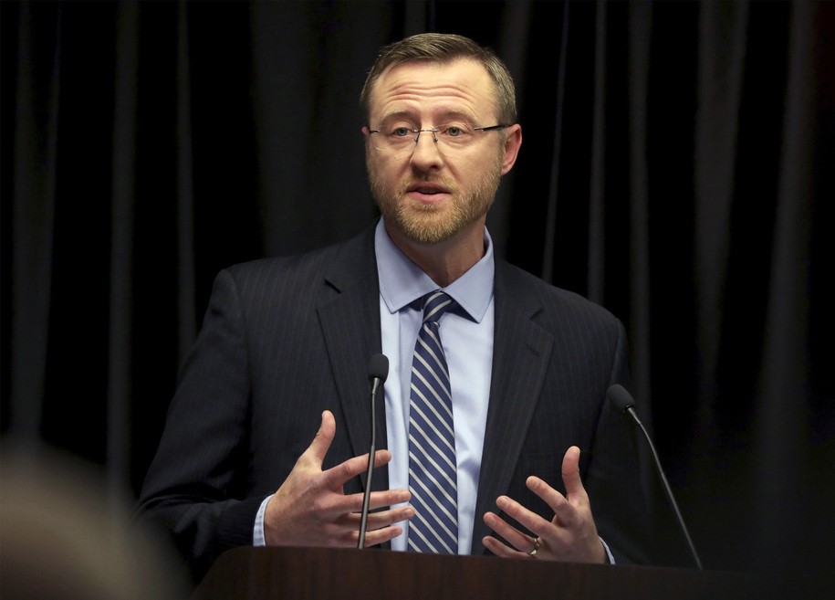 FILE - In this March 15, 2019 file photo, Wisconsin Supreme Court candidate Brian Hagedorn speaks during a debate at the Wisconsin State Bar Center in Madison, Wis. A conservative talk radio host blasted now Justice Hagedorn, for siding with liberals against revoking the Democratic governor's stay-at-home order on Wednesday, May 13, 2020. A former Republican state lawmaker tore into him on Twitter within minutes of the decision, saying the GOP had been 'snookered' into thinking he, was on their side. (John Hart/Wisconsin State Journal via AP, File)