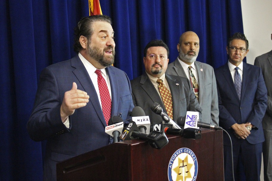 FILE - In this Jan.7, 2020 file photo Arizona Attorney General Mark Brnovich speaks at a news conference in Phoenix. Brnovich is running for the U.S. Senate. Brnovich's announcement on Thursday, June 10, 2021, makes him the third major candidate to seek the Republican nomination to take on Democrat Mark Kelly. (AP Photo/Bob Christie,File)