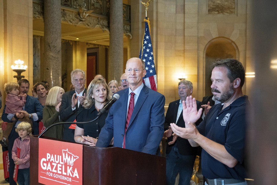 Senate Majority Leader Paul Gazelka announces he is officially entering the Minnesota governor's race during a news conference on Wednesday, Sept. 8, 2021 in St. Paul, Minn.  Gazelka, of East Gull Lake, gave up his post as Senate majority leader last week in what was widely seen as a step toward a campaign. (Glen Stubbe/Star Tribune via AP)