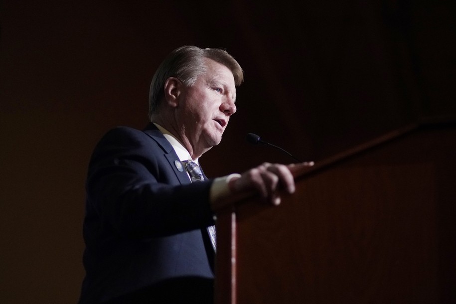 FILE - Jim Marchant speaks at a Republican election night watch party, on Nov. 3, 2020, in Las Vegas. In the year since the Jan. 6 riot, Donald Trump-aligned Republicans have worked to clear the path for next time. In battleground states and beyond, Republicans are systematically taking hold of the once overlooked machinery of elections, weakening or replacing the checks in place to prevent partisan meddling with results. (AP Photo/John Locher, File)