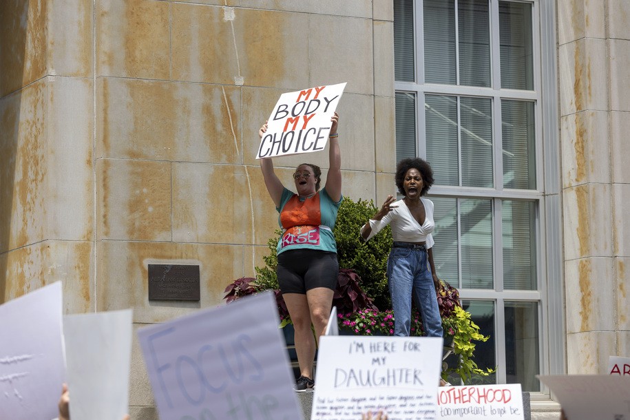 Abortion rights advocates gather and march outside the Hamilton County Courthouse after the Supreme Court overturned Roe v. Wade last week â€” ending a woman's constitutional right to abortion which has been precedent and law for nearly 50 years. Saturday, July 2, 2022, in Cincinnati, Ohio, USA. (Photo by Jason Whitman/NurPhoto via AP)