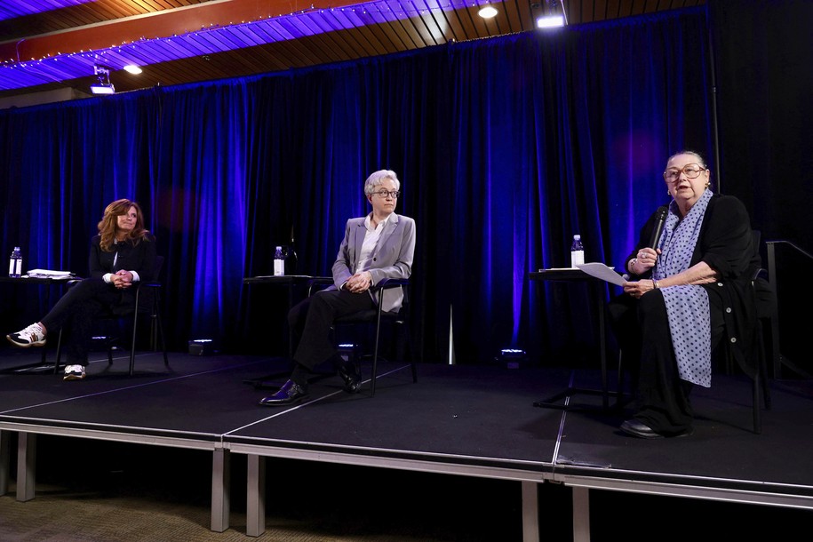 FILE - Republican nominee Christine Drazan, left, and Democratic nominee Tina Kotek, middle, listen to unaffiliated candidate Betsy Johnson speak during the gubernatorial debate hosted by Oregon Newspaper Publishers Association at Mount Hood Oregon Resort in Welches, Ore., Friday, July 29, 2022. The three leading candidates for Oregon governor face off in their second televised debate Tuesday, Sept. 27, 2022, in Bend, Ore. (Jaime Valdez/Pamplin Media Group via AP, Pool)