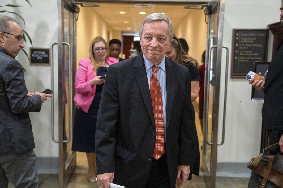 FILE - Sen. Dick Durbin, D-Ill., leaves a closed-door briefing about leaked highly classified military documents, Wednesday, April 19, 2023, on Capitol Hill in Washington. Durbin, the Democratic chairman of the Senate Judiciary, has invited Supreme Court Justice John Roberts to testify next month at a hearing on ethics standards. (AP Photo/Jacquelyn Martin, File)