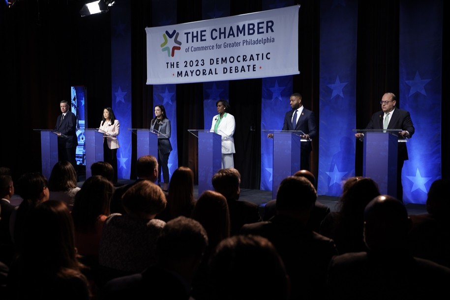 Mayoral candidates, from left, Jeff Brown, Helen Gym, Rebecca Rhynhart, Cherelle Parker, state Rep. Amen Brown and Allan Domb take part in a Democratic primary debate at the WPVI-TV studio in Philadelphia, Tuesday, April 25, 2023. (AP Photo/Matt Rourke)