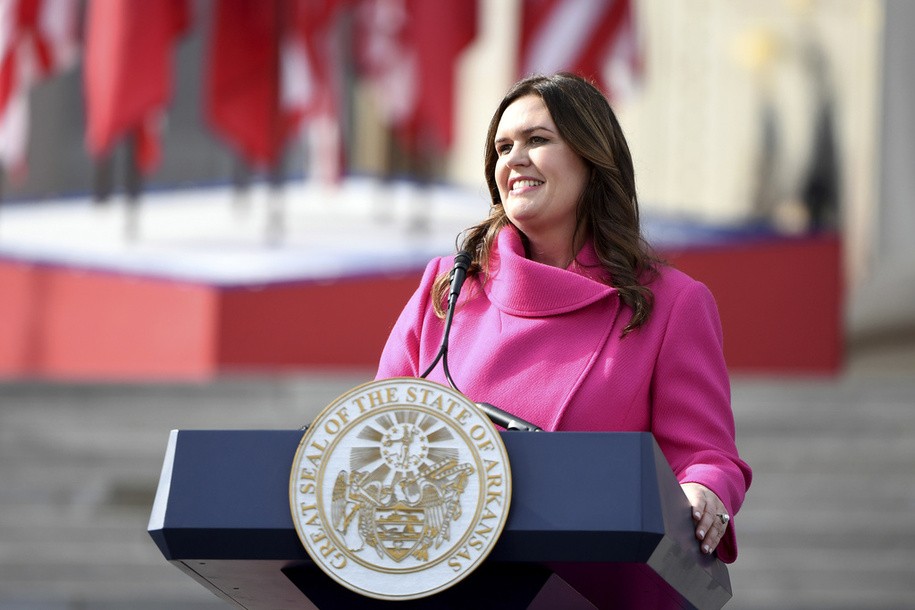 FILE - Arkansas Gov. Sarah Huckabee Sanders speaks after taking the oath of the office on the steps of the Arkansas Capitol, Jan. 10, 2023, in Little Rock, Ark. Sanders has not ruled out a special legislative session on tax cuts after Arkansas ended the fiscal year with a near-record surplus, she said Tuesday, July 18. (AP Photo/Will Newton, File)