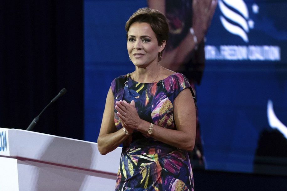 FILE - Former Republican Arizona gubernatorial candidate Kari Lake looks to the audience after speaking during the Faith and Freedom Coalition Policy Conference in Washington, June 24, 2023. Lake is preparing to  to launch a U.S. Senate campaign with a splashy rally outside Phoenix on Oct. 10, having never conceded that she lost last year’s race for Arizona governor. 