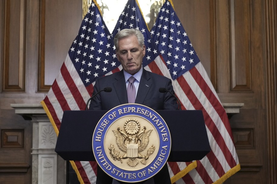 FILE - Rep. Kevin McCarthy, R-Calif., speaks to reporters hours after he was ousted as Speaker of the House, Tuesday, Oct. 3, 2023, at the Capitol in Washington. (AP Photo/J. Scott Applewhite, File)