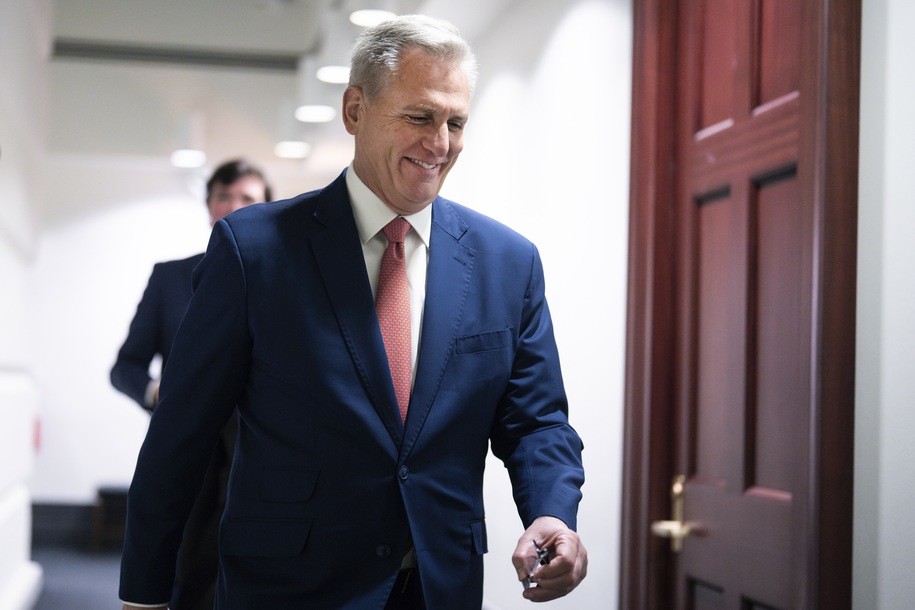 UNITED STATES - DECEMBER: 5 Rep. Kevin McCarthy, R-Calif., leaves a meeting of the House Republican Conference in the U.S. Capitol on Tuesday, December 5, 2023. (Tom Williams/CQ Roll Call via AP Images)