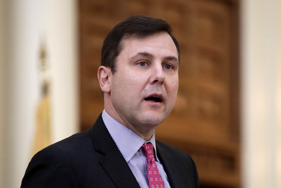 Thomas Kean Jr., R-Westfield, N.J., speaks after being sworn in as the Republican leader of the New Jersey Senate, Tuesday, Jan. 9, 2018, in Trenton, N.J. (AP Photo/Julio Cortez)