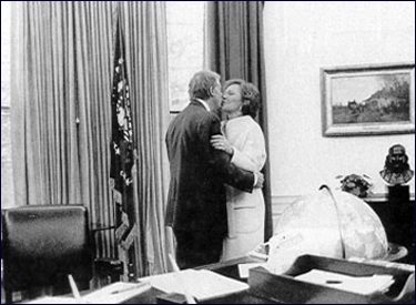 Jimmy and Rosalynn Carter celebrate the news that the hostages will be released just minutes before Carter's presidency ends. January 20, 1981.