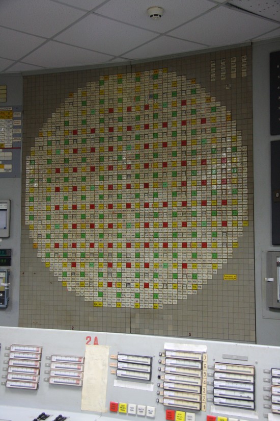 Cartogram controlled by the "SKALA" process control computer in front of "A" Desk in the control room of Unit 1, Chernobyl Nuclear Power Plant.  Close inspection reveals that  the lamp cover for channel 62-44 has been colored in with a marker; this fuel channel melted down in a severe accident in 1982 and was thereafter unusable.