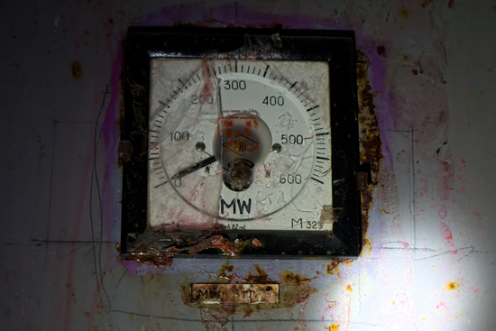 Power meter, Turbogenerator No. 8, Unit 4 control room at Chernobyl.  The 1986 explosion arose from the circumstances of a test program on TG-8.