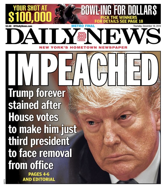 New York Daily News headline the day of Trump's impeachment