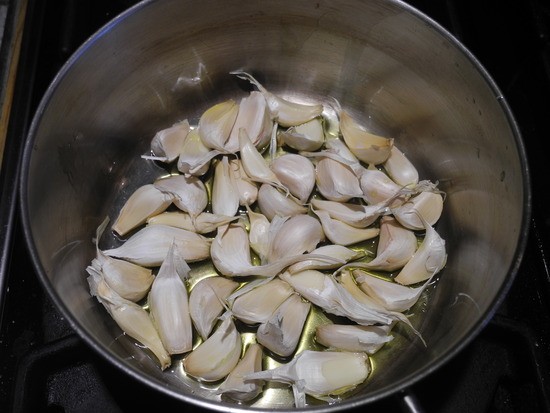 Garlic from a few heads, about to stew slowly in olive oil for Sopa de Ajo, from "Moro, the Cookbook."