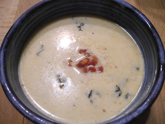 Garlic soup with kale and pancetta.