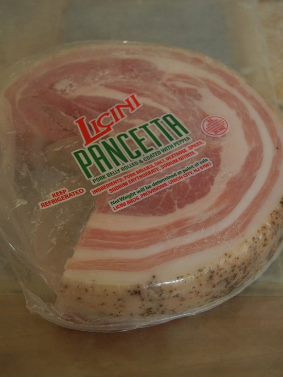 A one-pound(ish) package of unsliced pancetta, with 1/4 of it chunked out already.