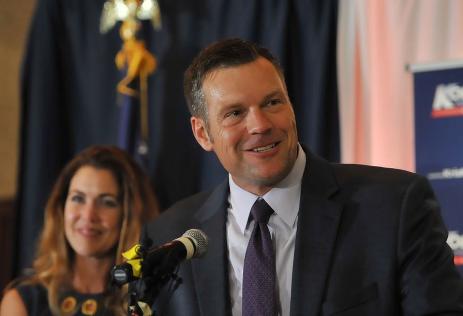 TOPEKA, KS - AUGUST 07: Republican primary candidate for Governor Kris Kobach, speaks to supporters just after midnight in a tight race with Jeff Colyer that is too close to call. Kobach was supported by President Trump against incumbent Jeff Colyer on August 7, 2018 in Topeka, Kansas. (Photo by Steve Pope/Getty Images)