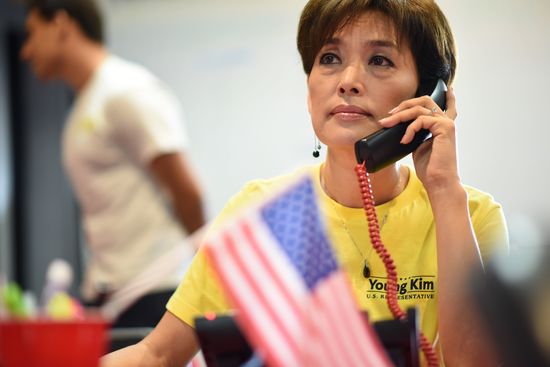 Republican candidate for US Congress Young Kim makes campaign calls to voters at her campaign office in Yorba Linda, California, October 6, 2018. - Kim, who immigrated to the US from her birth country of South Korea in 1975, would be the first Korean-American woman elected to the US House of Representatives if she defeats her Democratic opponent Gil Cisneros in the Midterm elections race for the open seat in California's 39th Congressional District which includes parts of Los Angeles, Orange, and San Bernardino counties. (Photo by Robyn Beck / AFP)        (Photo credit should read ROBYN BECK/AFP/Getty Images)