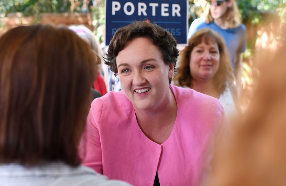 Democratic Congressional candidate Katie Porter (R) greets supporters at an event in Irvine, California on election day November 6, 2018. - Porter is running to unseat two-term Republican Congresswoman Mimi Walters in one of the pivotal battles in Orange County, the outcome of which will help determine if Democrats regain control of the House of Representatives. (Photo by Robyn Beck / AFP)        (Photo credit should read ROBYN BECK/AFP/Getty Images)