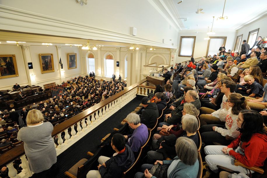 A packed gallery views the House Chambers as they vote on gun laws and other laws, during the opening day of the House of Representatives at the New Hampshire State House, where the House will vote on a bill which currently allows people to carry guns in the House Chambers and other parts of the State House in Concord, New Hampshire on January 2, 2019. (Photo by Joseph PREZIOSO / AFP)        (Photo credit should read JOSEPH PREZIOSO/AFP/Getty Images)