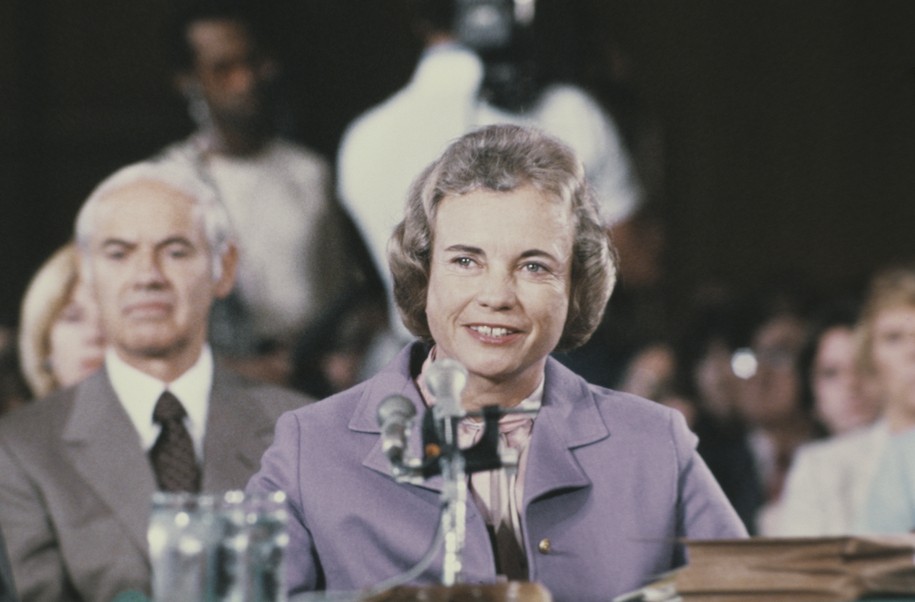 Arizona judge Sandra Day O'Connor testifies at her confirmation as Associate Justice of the Supreme Court of the United States before the Senate Judiciary Committee, USA, September 1981. She is the first woman to serve on the Court. (Photo by Keystone/Hulton Archive/Getty Images)