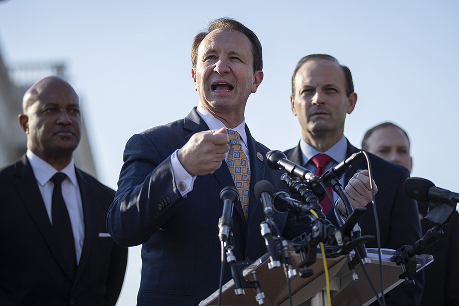 WASHINGTON, DC - JANUARY 22: (L-R) Indiana Attorney General Curtis Hill, Louisiana Attorney General Jeff Landry and South Carolina Attorney General Alan Wilson speak during a press conference to discuss the impeachment trial at the U.S. Capitol on January 22, 2020 in Washington, DC. They announced a letter written to the U.S. Senate in which 21 Republican state Attorneys General outline what they believe to be the legal flaws in the impeachment case against U.S. President Donald Trump. (Photo by Drew Angerer/Getty Images)