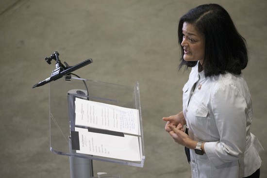 SEATTLE, WA - MARCH 28: U.S. Congresswoman Pramila Jayapal speaks to the press on March 28, 2020 in Seattle, Washington. The congresswoman discussed deployment of a new field hospital at CenturyLink Field Event Center which is expected to create at least 150 hospital beds for non-COVID-19 cases and will include 300 soldiers from the 627th Army Hospital at Fort Carson, Colorado. (Photo by Karen Ducey/Getty Images)