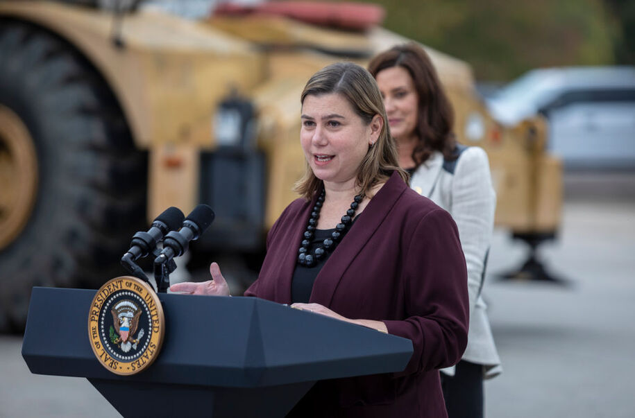 HOWELL, MI - OCTOBER 05: U.S. Rep. Elissa Slotkin (D-MI) speaks before U.S. President Joe Biden at the International Union of Operating Engineers Local 324 on October 5, 2021 in Howell, Michigan. Biden spoke about his infrastructure bill and the Build Back Better plan. (Photo by Elaine Cromie/Getty Images)