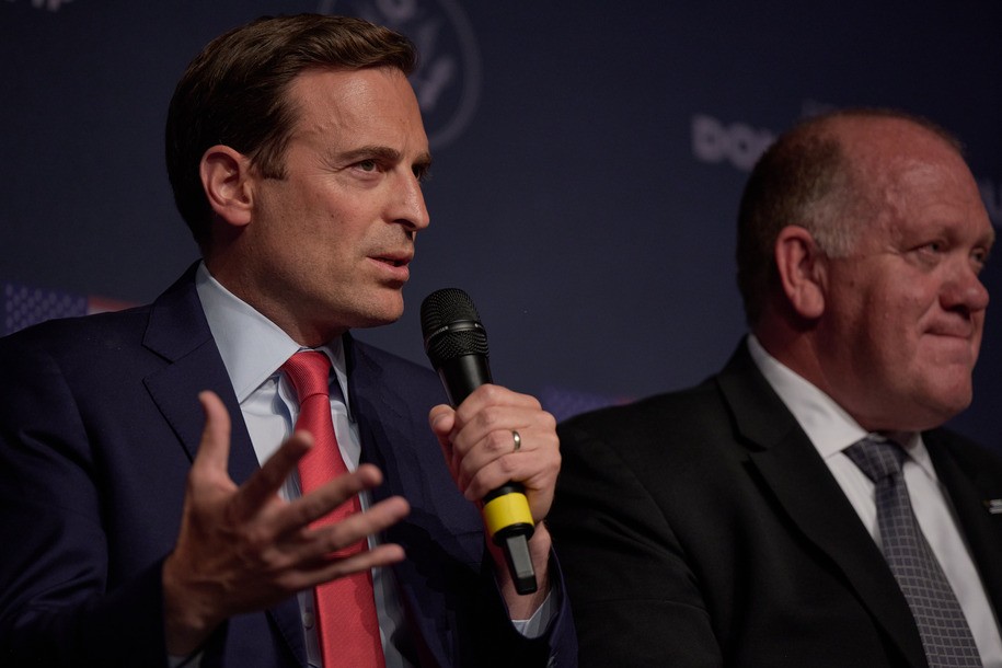 LAS VEGAS, NV - JULY 08: Nevada Republican U.S. Senate candidate Adam Laxalt spekas during a panel on policing and security prior to former President Donald Trump giving remarks at Treasure Island hotel and casino on July 8, 2022 in Las Vegas, Nevada. Trump endorsed Nevada republicans, gubernatorial candidate Joe Lombardo and senate candidate Adam Laxalt. (Photo by Bridget Bennett/Getty Images)