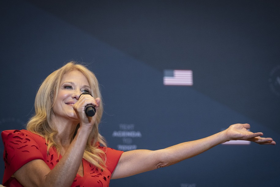 WASHINGTON, DC - JULY 26: Kellyanne Conway, former advisor to former President Donald Trump, speaks during the America First Agenda Summit, at the Marriott Marquis hotel  July 26, 2022 in Washington, DC. Former U.S. President Donald Trump returns to Washington today to deliver the keynote closing address at the summit. The America First Agenda Summit is put on by the American First Policy Institute, a conservative think-tank founded in 2021 by Brooke Rollins and Larry Kudlow, both former advisors to former President Trump. (Photo by Drew Angerer/Getty Images)