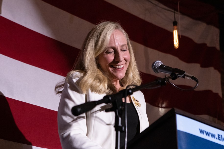 FREDERICKSBURG, VA - NOVEMBER 08: Rep. Abigail Spanberger (D-VA) celebrates after winning reelection on November 8, 2022 in Fredericksburg, Virginia. Spanberger, the incumbent, was in a tight race with Republican contender Yesli Vega. (Photo by Anna Rose Layden/Getty Images)