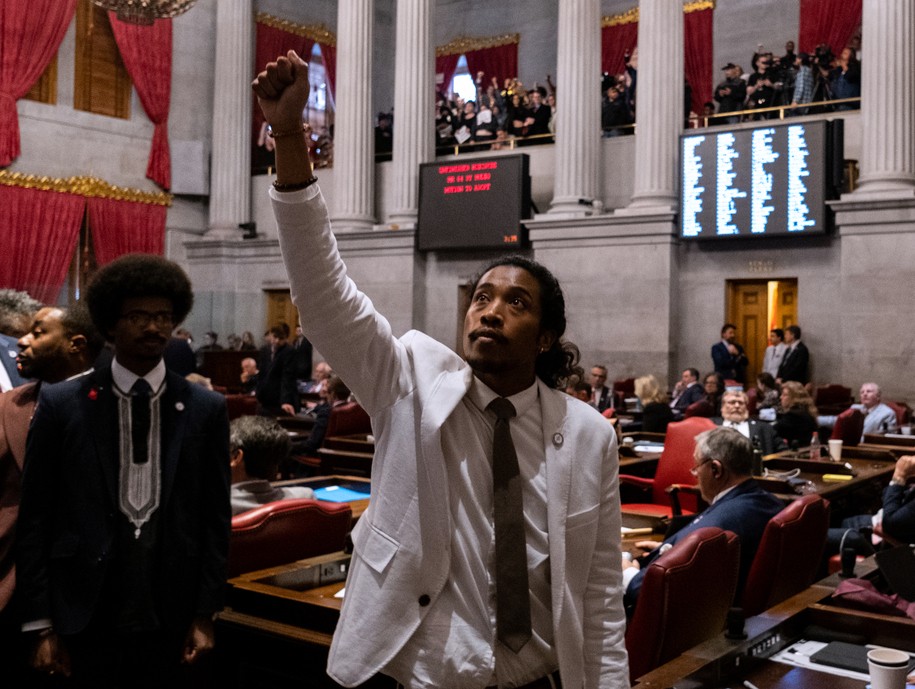 NASHVILLE, TN - APRIL 06: Democratic state Rep. Justin Jones of Nashville gestures during a vote on his expulsion from the state legislature at the State Capitol Building on April 6, 2023 in Nashville, Tennessee. He was expelled after he and two other Democratic reps led a protest at the Tennessee State Capital building in the wake of a mass shooting where three students and three adults were killed on March 27 at the Covenant School in Nashville. (Photo by Seth Herald/Getty Images)