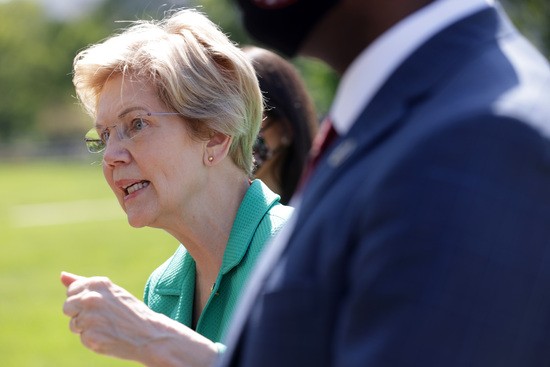 WASHINGTON, DC - APRIL 27: U.S. Sen. Elizabeth Warren (D-MA) speaks during a news conference outside the U.S. Capitol April 27, 2021 in Washington, DC. Warren held the news conference to discuss the reintroduction of the "Universal Child Care and Early Learning Act."  (Photo by Alex Wong/Getty Images)