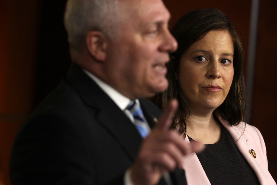 WASHINGTON, DC - JUNE 15: U.S. House Minority Whip Rep. Steve Scalise (R-LA) (L) speaks as House Republican Conference Chair Rep. Elise Stefanik (R-NY) (R) listens during a news conference at the U.S Capitol June 15, 2021 in Washington, DC. House Republicans had a meeting earlier in the morning to discuss GOP agenda. (Photo by Alex Wong/Getty Images)