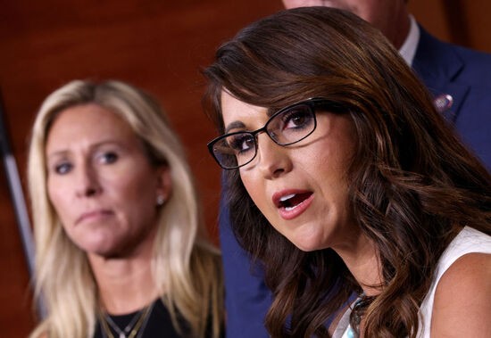 WASHINGTON, DC - JUNE 23: Rep. Lauren Boebert (R) (R-CO) speaks during a press conference at the U.S. Capitol June 23, 2021 in Washington, DC. Boebert announced she has introduced a resolution to censure U.S. President Joe Biden related to border security and enforcement of immigration laws. Also pictured is Rep. Marjorie Taylor Greene (R-GA).  (Photo by Win McNamee/Getty Images)