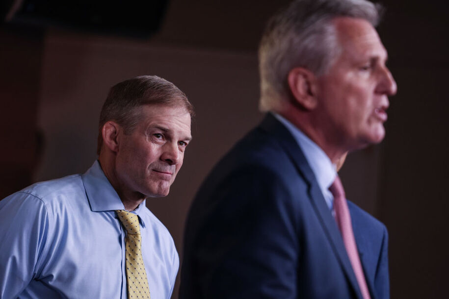 WASHINGTON, DC - JULY 21: U.S. Rep. Jim Jordan (R-OH) (L) listens as House Minority Leader Kevin McCarthy (R-CA) speaks at a news conference on House Speaker Nancy Pelosiâ€™s decision to reject two of Leader McCarthyâ€™s selected members from serving on the committee investigating the January 6th riots on July 21, 2021 in Washington, DC. Speaker Pelosi announced she would be rejecting Rep. Jim Banks and Rep. Jordanâ€™s assignment to the committee. (Photo by Anna Moneymaker/Getty Images)