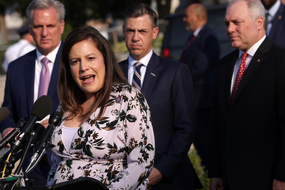 WASHINGTON, DC - JULY 27:  U.S. House Republican Conference Chair Rep. Elise Stefanik (R-NY) (2nd L) speaks as (L-R) House Minority Leader Rep. Kevin McCarthy (R-CA), Rep. Jim Banks (R-IN), and House Minority Whip Rep. Steve Scalise (R-LA) listen during a news conference in front of the U.S. Capitol July 27, 2021 in Washington, DC. Leader McCarthy held a news conference to discuss the Jan 6th Committee.   (Photo by Alex Wong/Getty Images)