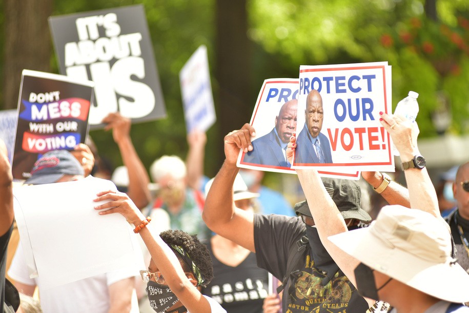 ATLANTA, GEORGIA - AUGUST 28: A general view during the March On For Voting Rights at The King Center on August 28, 2021 in Atlanta, Georgia. (Photo by Derek White/Getty Images)