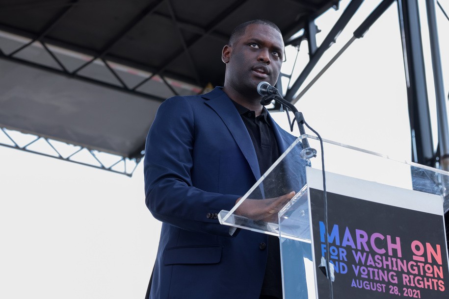 WASHINGTON, DC - AUGUST 28: Rep. Mondaire Jones (D-NY)  delivers remarks at the â€œMarch On for Washington and Voting Rightsâ€ on the National Mall on August 28, 2021 in Washington, DC. The event was organized to honor the 58th anniversary of the March On Washington and Martin Luther King Jr.â€™s â€œI Have a Dreamâ€ speech and also urge the Senate to pass voting rights legislation. (Photo by Anna Moneymaker/Getty Images)