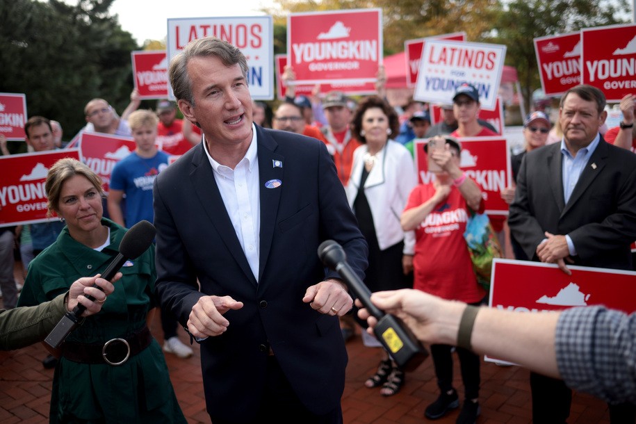 FAIRFAX, VIRGINIA - SEPTEMBER 23:  Republican gubernatorial candidate Glenn Youngkin speaks to members of the press after casting an early ballot September 23, 2021 in Fairfax, Virginia. Youngkin is running against Democrat Terry McAuliffee for governor in the Commonwealth of Virginia. (Photo by Win McNamee/Getty Images)