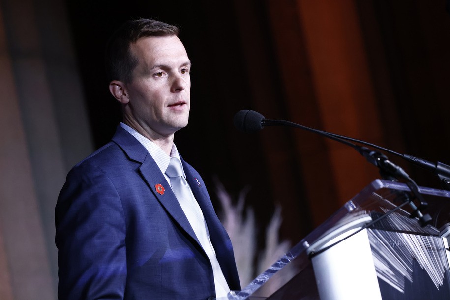 WASHINGTON, DC - NOVEMBER 03: Congressman, U.S. Marine Corps veteran and Moral Courage Award recipient Jared Golden speaks on stage during Headstrong Washington DC Gala at Andrew W. Mellon Auditorium on November 03, 2021 in Washington, DC. (Photo by Paul Morigi/Getty Images for Headstrong )