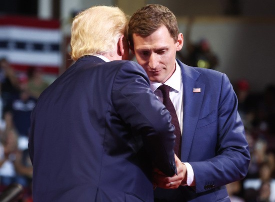 PRESCOTT VALLEY, ARIZONA - JULY 22: Former President Donald Trump (L) embraces Republican Senate candidate Blake Masters at a â€˜Save Americaâ€™ rally in support of Arizona GOP candidates on July 22, 2022 in Prescott Valley, Arizona. Arizona's primary election will take place August 2. (Photo by Mario Tama/Getty Images)