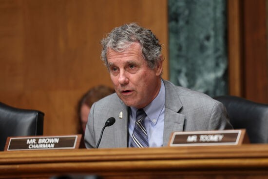 WASHINGTON, DC - SEPTEMBER 20: U.S. Sen. Sherrod Brown (D-OH), Chair of the Senate Banking, Housing, and Urban Affairs Committee, delivers remarks during a hearing on Russian sanctions, on Capitol Hill, September 20, 2022 in Washington, DC. The Committee held the hearing to discuss additional sanctions against Russia for its invasion of Ukraine.  (Photo by Kevin Dietsch/Getty Images)