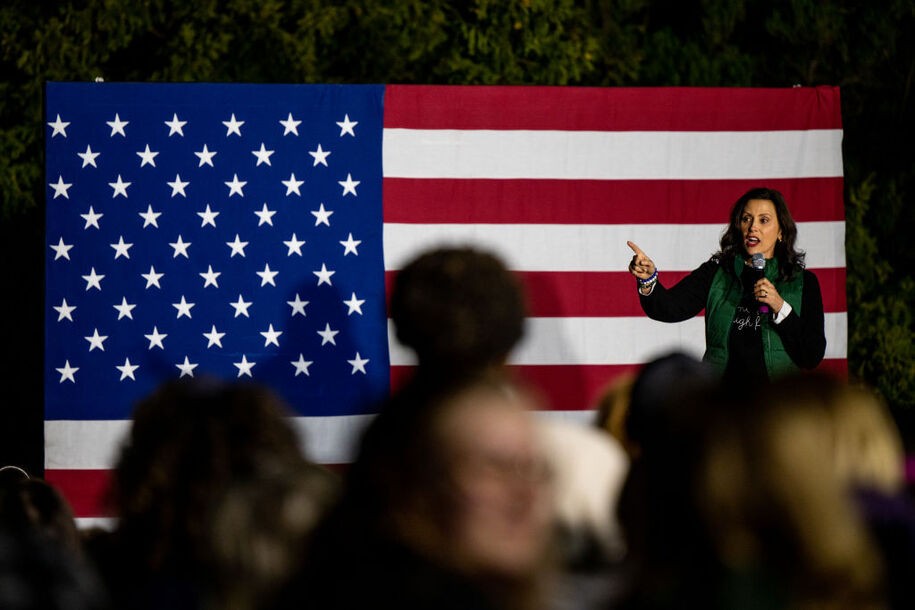 EAST LANSING, MICHIGAN - NOVEMBER 07: Michigan Governor Gretchen Whitmer speaks during a campaign rally at Michigan State University on November 07, 2022 in East Lansing, Michigan. With election day tomorrow, Gov. Whitmer made her last campaign stop in East Lansing. Whitmer is up against Republican gubernatorial candidate Tudor Dixon. (Photo by Brandon Bell/Getty Images)