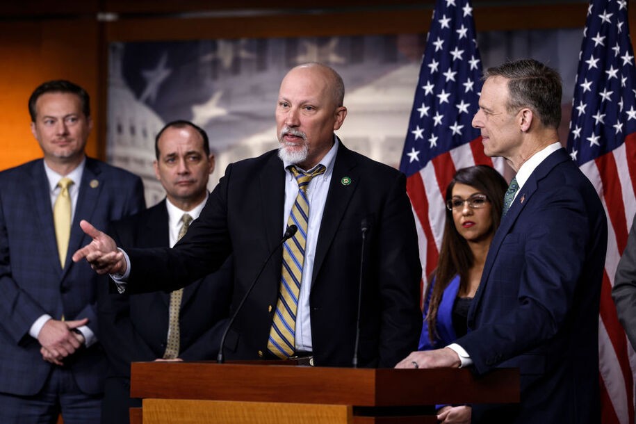 WASHINGTON, DC - MARCH 10: Rep. Chip Roy (R-TX) and House Freedom Caucus Chairman Rep. Scott Perry (R-PA) speaks during a news conference on the debt limit negotiations at the U.S. Capitol Building on March 10, 2023 in Washington, DC. Members of the caucus held the news conference to say they would consider voting to raise the debt ceiling in exchange for enacting legislation that would  'shrink Washington' and bring government spending back to before 2020 and the Covid-19 Pandemic. (Photo by Anna Moneymaker/Getty Images)