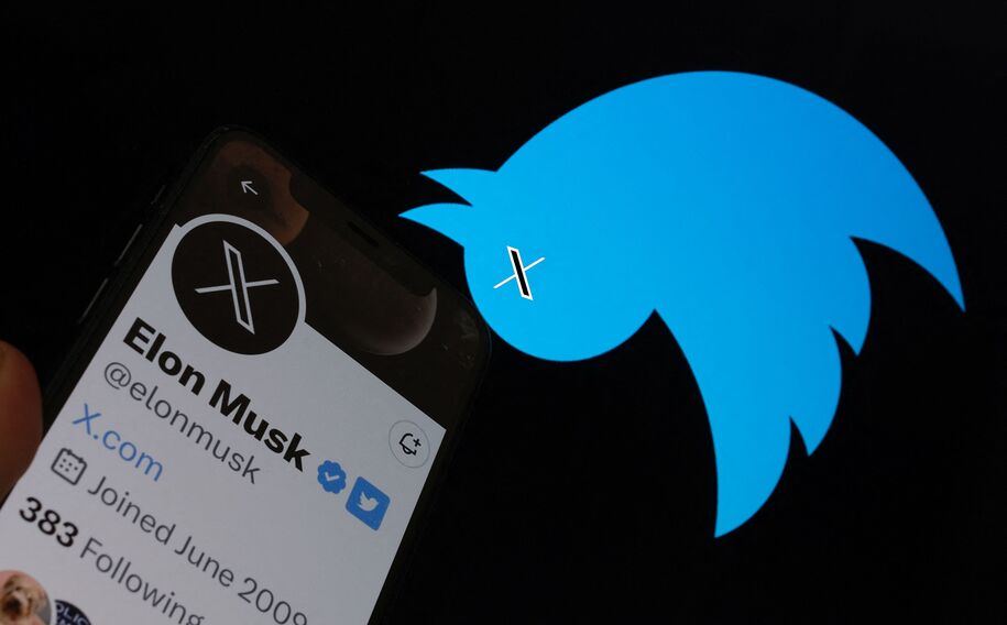 This illustration photo taken on July 24, 2023 shows the Twitter bird logo upside down in the background of Elon Musk's screen advertising an 'X' as a replacement logo, in Los Angeles. Elon Musk killed off the Twitter logo on July 24, 2023, replacing the world-recognized blue bird with a white X as the tycoon accelerates his efforts to transform the floundering social media giant. Musk and the company's new chief executive Linda Yaccarino announced the rebranding on July 23, 2023, scrapping one of technology's most iconic brands in the latest shock move since the tycoon took over Twitter nine months ago. (Photo by Chris Delmas / AFP) (Photo by CHRIS DELMAS/AFP via Getty Images)
